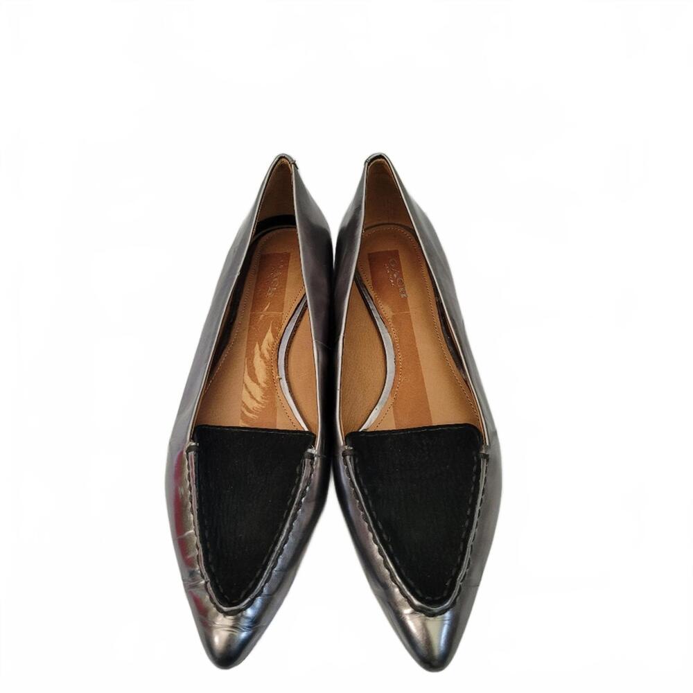 Coach Walsh Pointed Toe Flat Shoe Color Platinum Muted Metallic With Black Suede